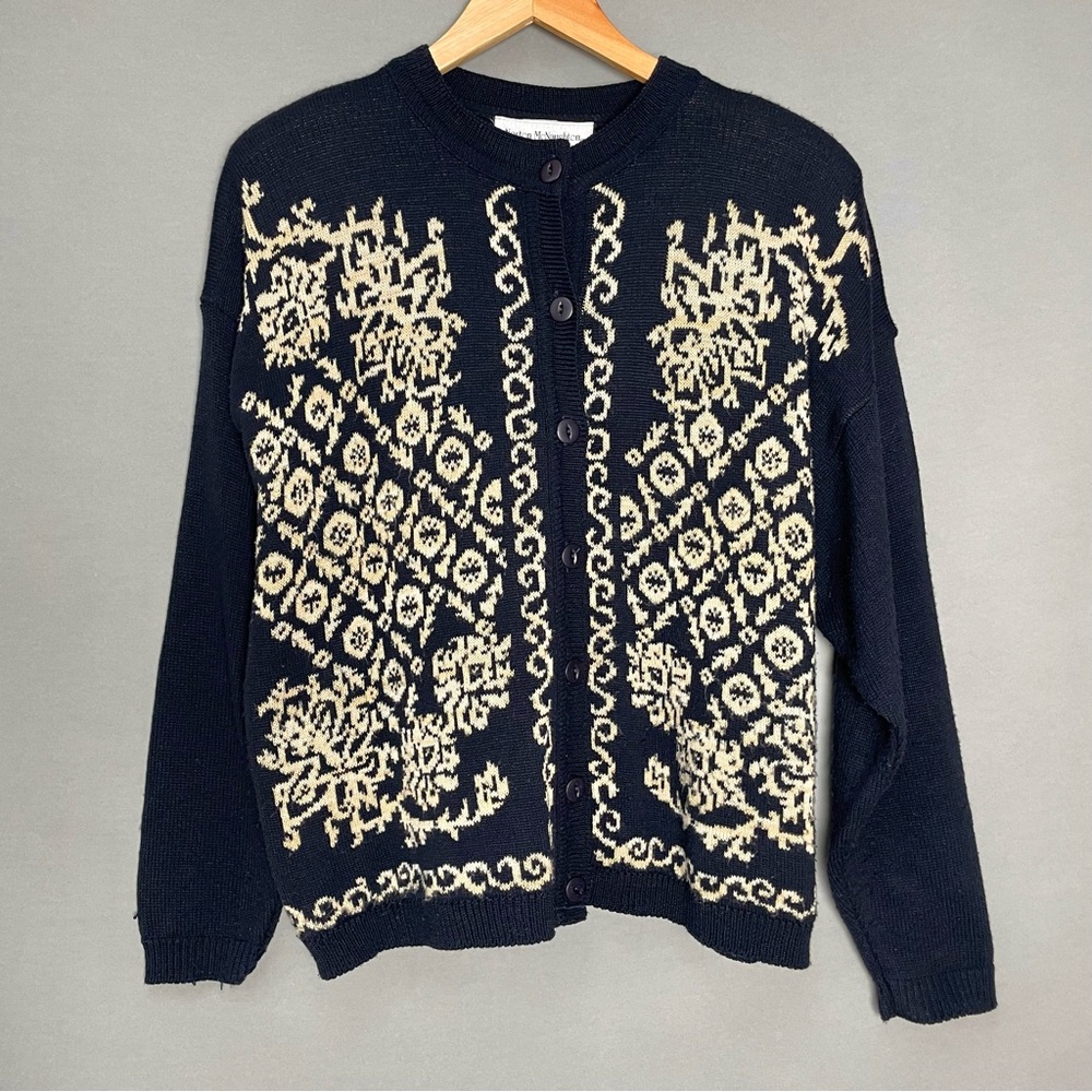 Vintage Cardigan Sweater Navy Blue Women Size Large Floral Eclectic Retro 90s‎